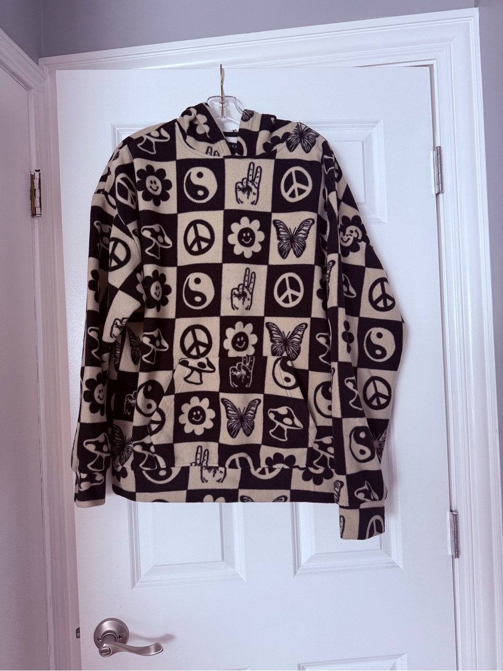 PacSun Checkerboard Peace & Butterfly Hoodie - Black and Cream